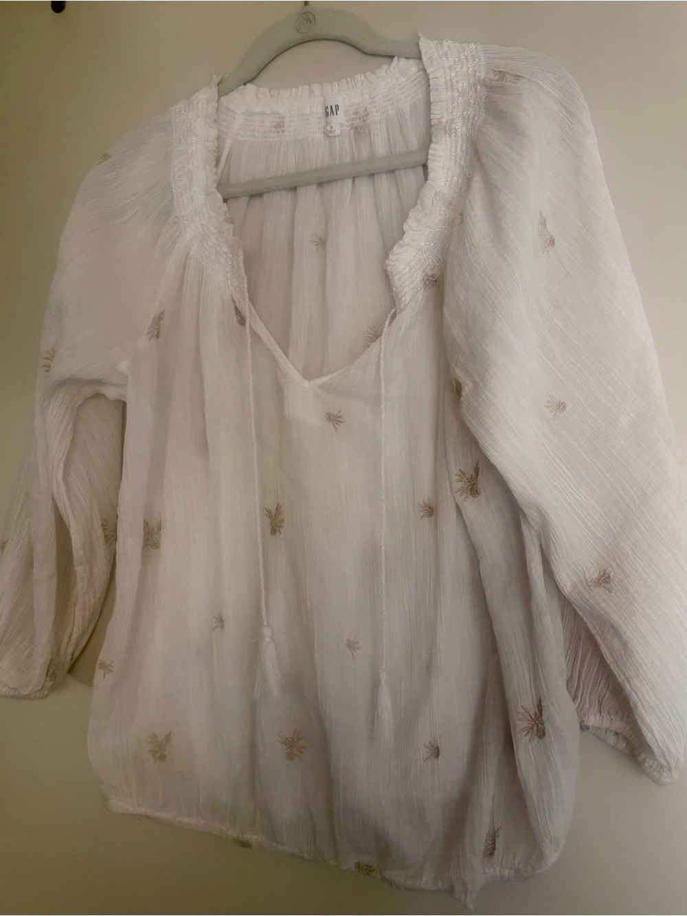 Airy White Gauzy Peasant Tunic with Gold Pineapple Accent Embroidery